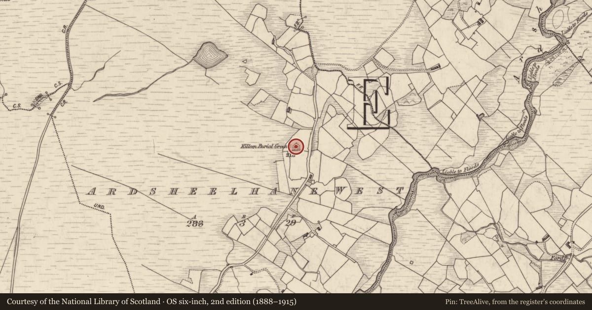 Ordnance Survey six-inch map, 2nd edition (1888–1915) covering the location of Children's burial ground, Ardsheelhane West, County Kerry, with a pin at the register's coordinates