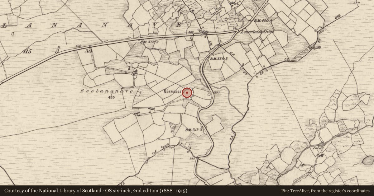 Ordnance Survey six-inch map, 2nd edition (1888–1915) covering the location of Ringfort - rath, Boolananave, County Kerry, with a pin at the register's coordinates