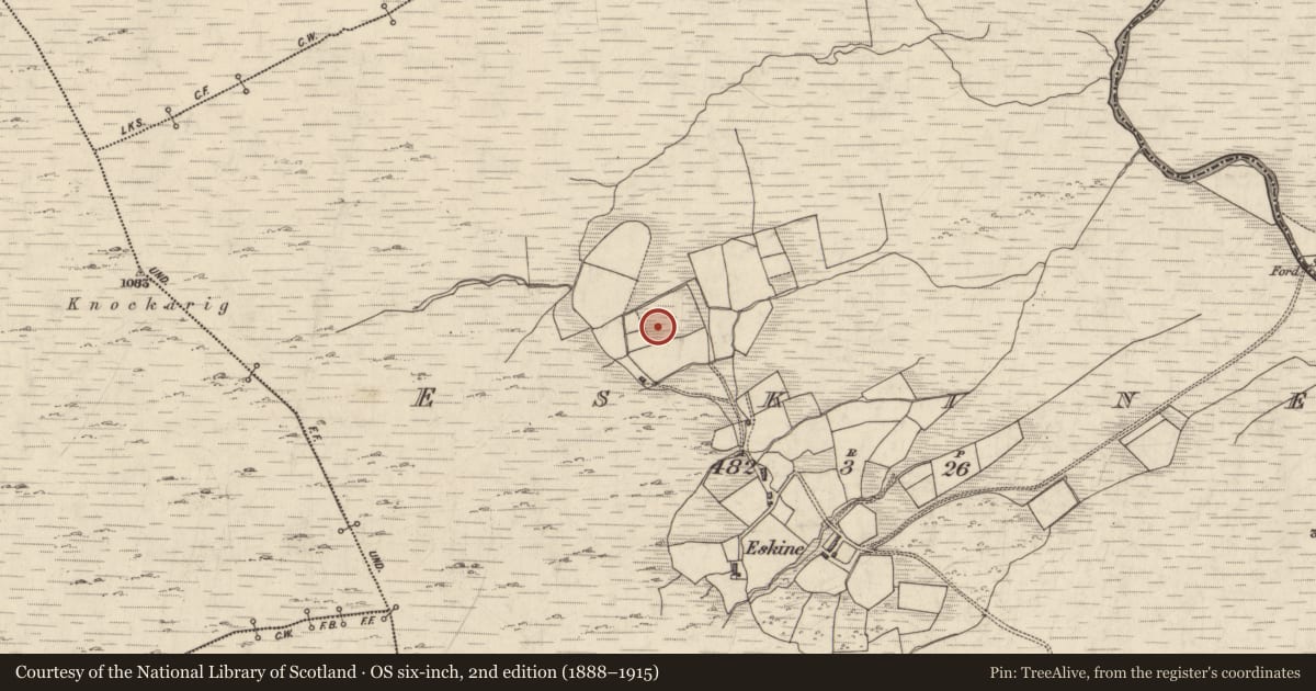 Ordnance Survey six-inch map, 2nd edition (1888–1915) covering the location of Stone circle, Eskine, County Kerry, with a pin at the register's coordinates