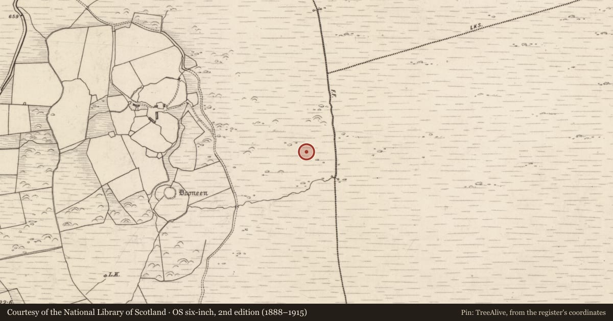 Ordnance Survey six-inch map, 2nd edition (1888–1915) covering the location of Field system, Lacka, Rossacoosane, County Kerry, with a pin at the register's coordinates