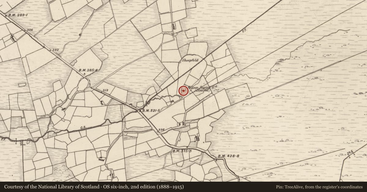 Ordnance Survey six-inch map, 2nd edition (1888–1915) covering the location of Children's burial ground, Coomnakilla South, County Kerry, with a pin at the register's coordinates