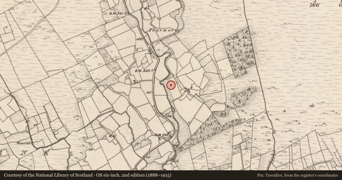 Ordnance Survey six-inch map, 2nd edition (1888–1915) covering the location of Souterrain, Rossacoosane, County Kerry, with a pin at the register's coordinates
