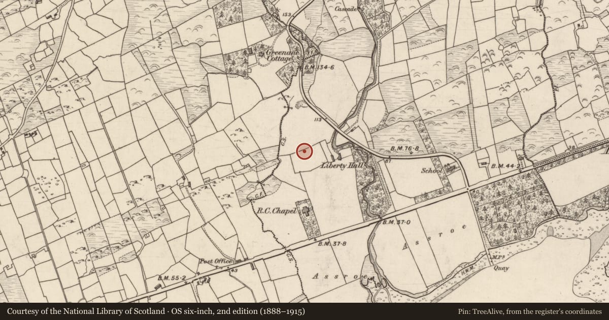 Ordnance Survey six-inch map, 2nd edition (1888–1915) covering the location of Enclosure, Rossacoosane, County Kerry, with a pin at the register's coordinates