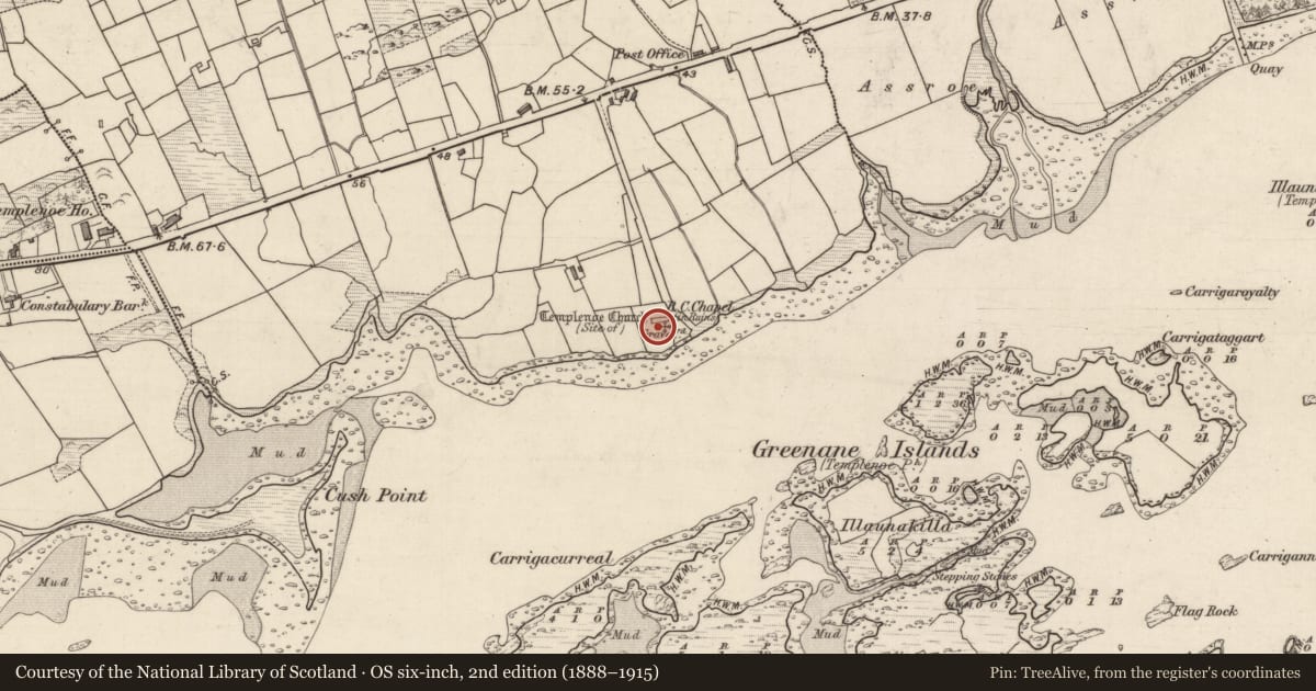 Ordnance Survey six-inch map, 2nd edition (1888–1915) covering the location of Graveyard, Greenane, County Kerry, with a pin at the register's coordinates