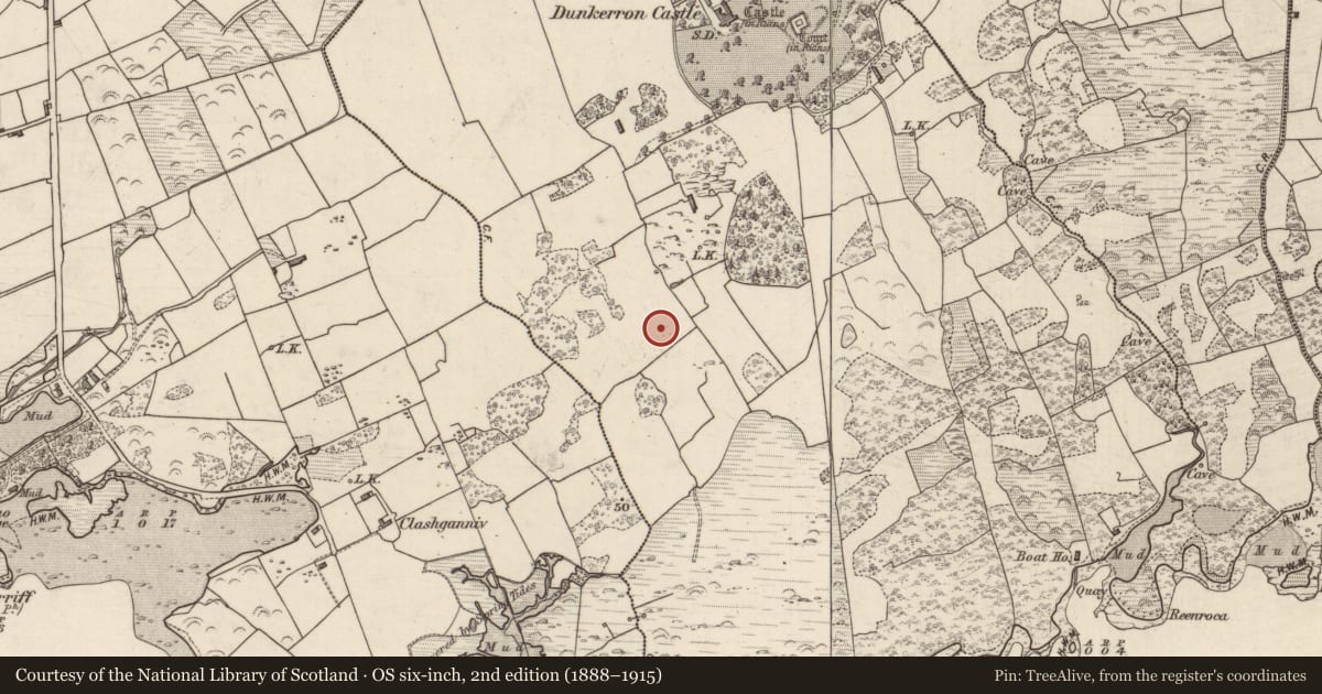Ordnance Survey six-inch map, 2nd edition (1888–1915) covering the location of Hut site, Dunkerron, County Kerry, with a pin at the register's coordinates