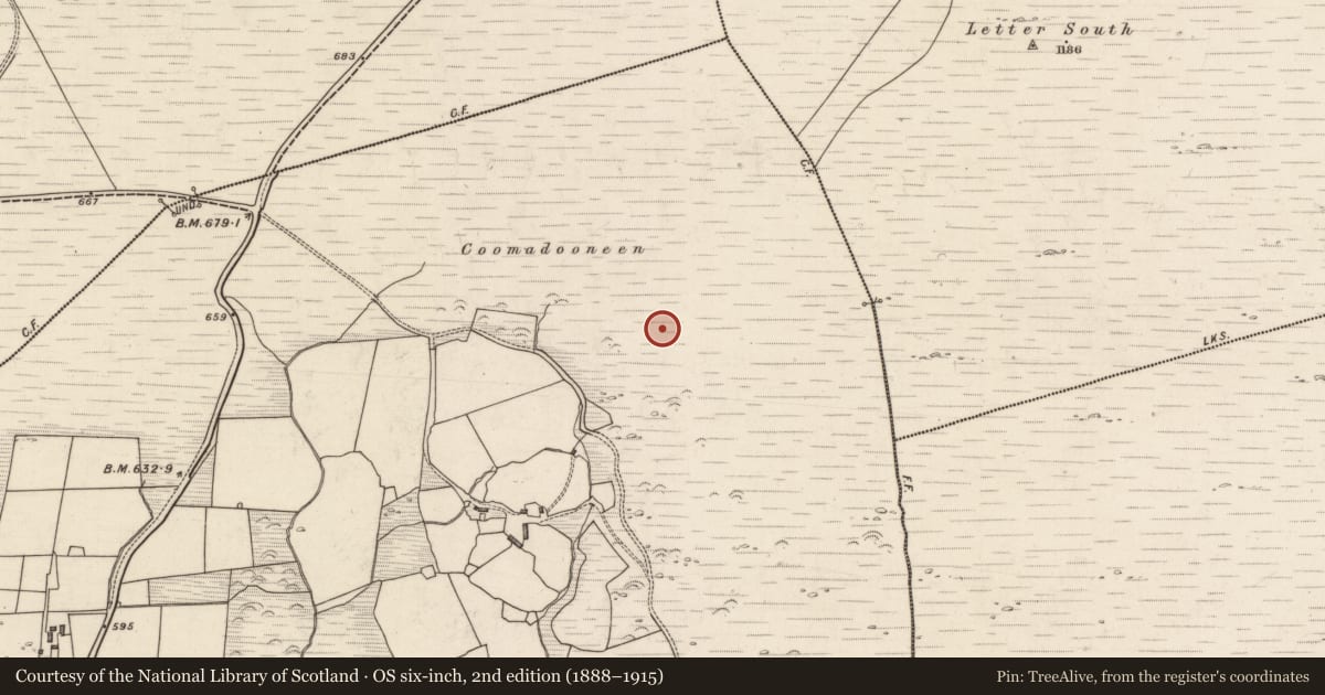 Ordnance Survey six-inch map, 2nd edition (1888–1915) covering the location of Enclosure, Rossacoosane, County Kerry, with a pin at the register's coordinates