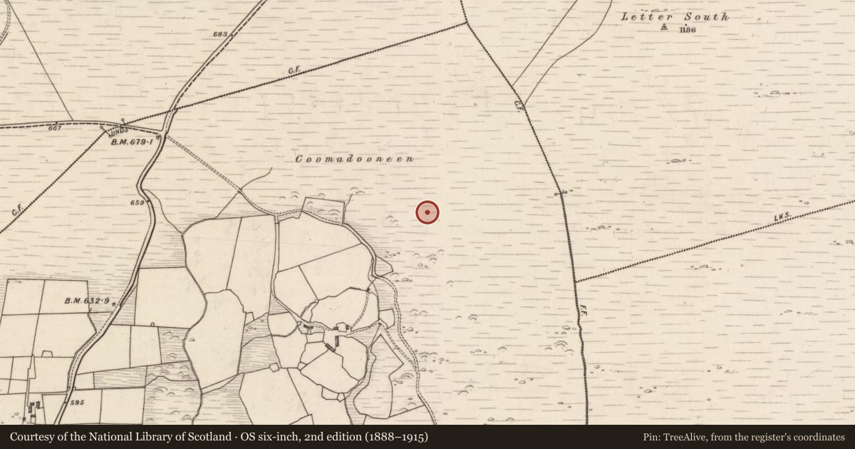 Ordnance Survey six-inch map, 2nd edition (1888–1915) covering the location of Hut site, Rossacoosane, County Kerry, with a pin at the register's coordinates