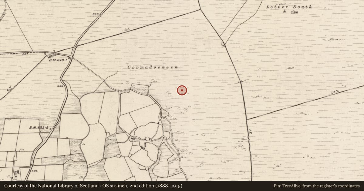 Ordnance Survey six-inch map, 2nd edition (1888–1915) covering the location of Hut site, Rossacoosane, County Kerry, with a pin at the register's coordinates