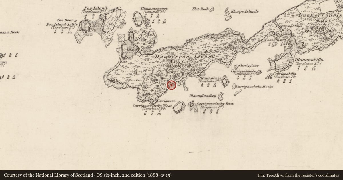 Ordnance Survey six-inch map, 2nd edition (1888–1915) covering the location of Midden, Dunkerron Island West, County Kerry, with a pin at the register's coordinates