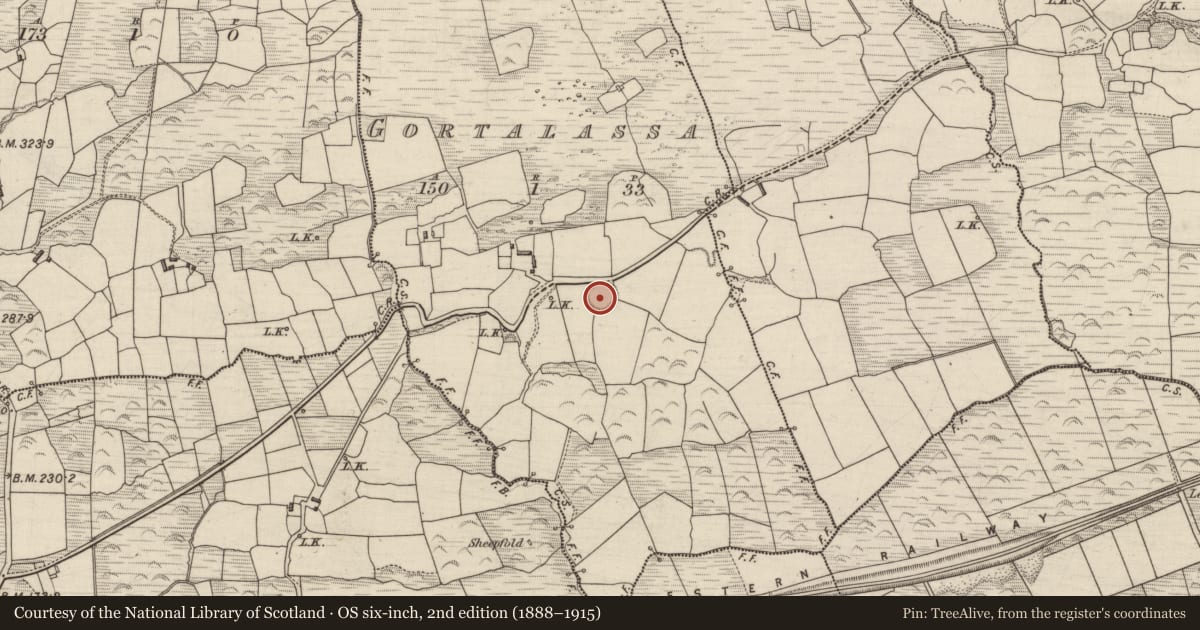 Ordnance Survey six-inch map, 2nd edition (1888–1915) covering the location of Enclosure, Gortalassa, County Kerry, with a pin at the register's coordinates