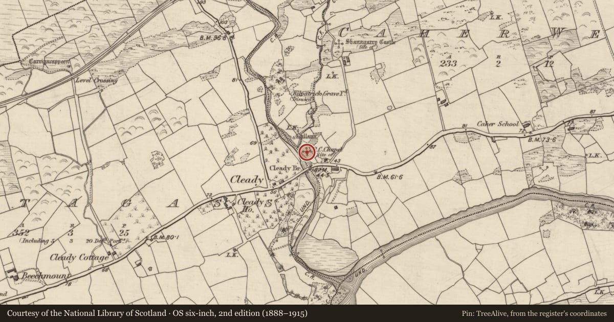Ordnance Survey six-inch map, 2nd edition (1888–1915) covering the location of Church, Caher West, County Kerry, with a pin at the register's coordinates