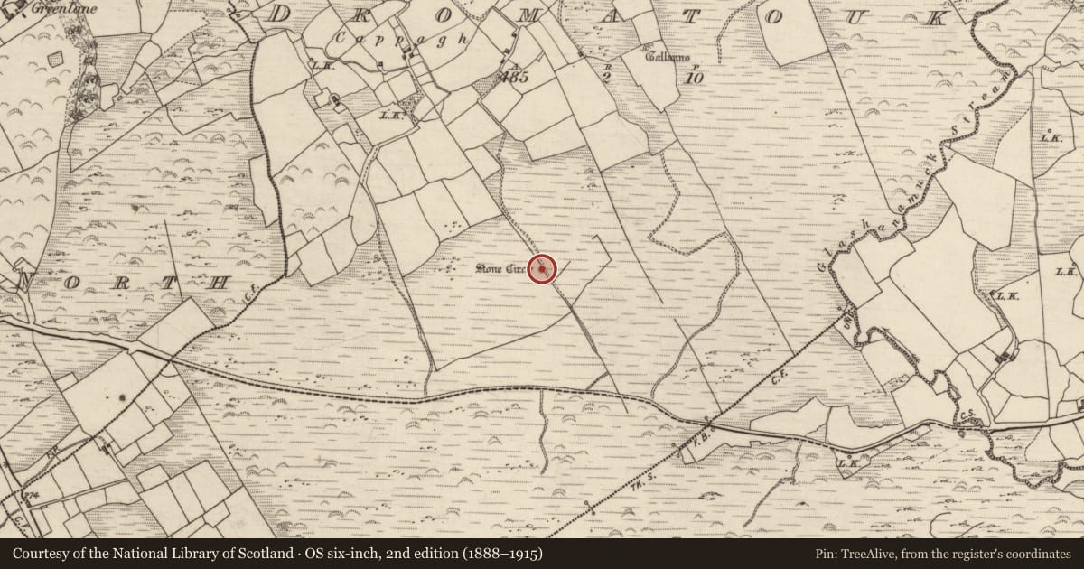 Ordnance Survey six-inch map, 2nd edition (1888–1915) covering the location of Cairn - radial-stone cairn, Dromatouk, County Kerry, with a pin at the register's coordinates