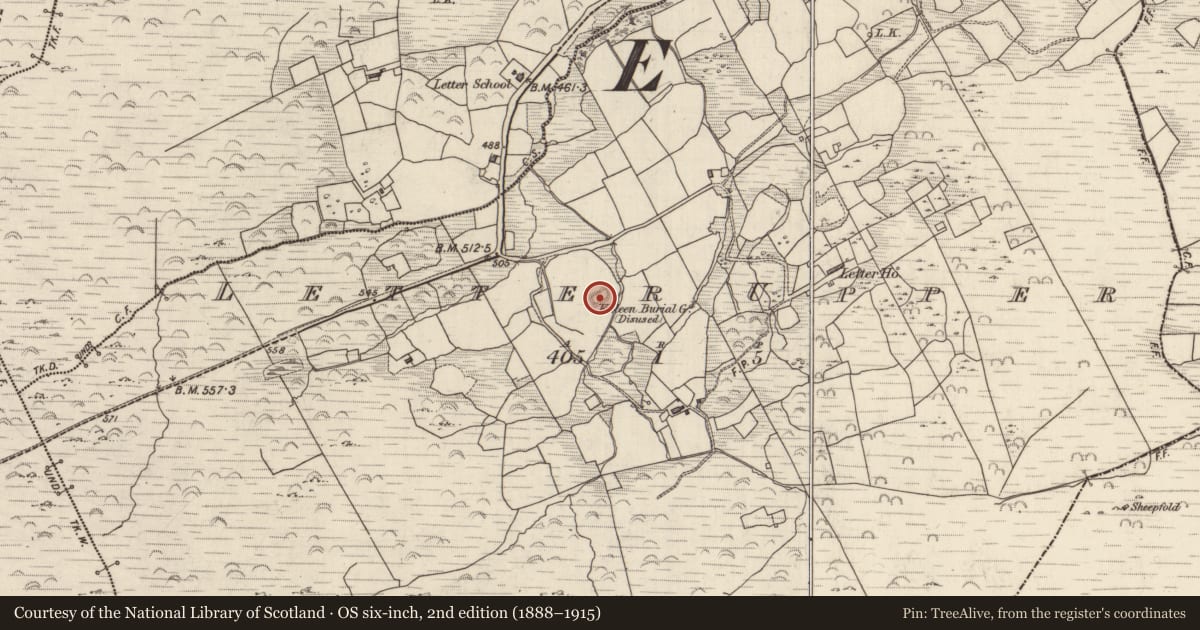 Ordnance Survey six-inch map, 2nd edition (1888–1915) covering the location of Children's burial ground, Letter Upper, County Kerry, with a pin at the register's coordinates