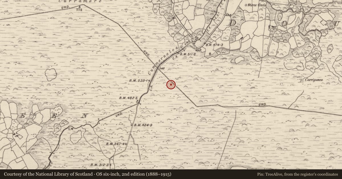 Ordnance Survey six-inch map, 2nd edition (1888–1915) covering the location of Enclosure, Lackaroe, County Kerry, with a pin at the register's coordinates