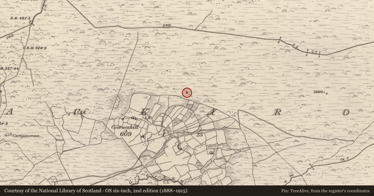 Ordnance Survey six-inch map, 2nd edition (1888–1915) covering the location of Hut site, Lackaroe, County Kerry, with a pin at the register's coordinates