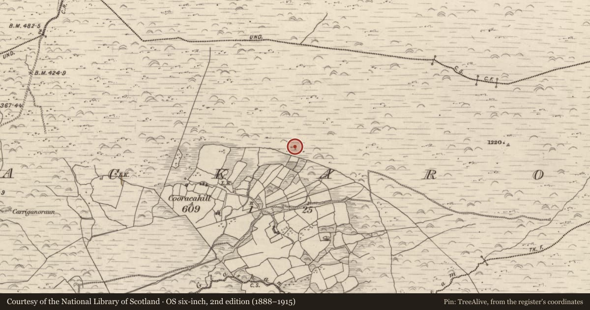 Ordnance Survey six-inch map, 2nd edition (1888–1915) covering the location of Almshouse, Lackaroe, County Kerry, with a pin at the register's coordinates