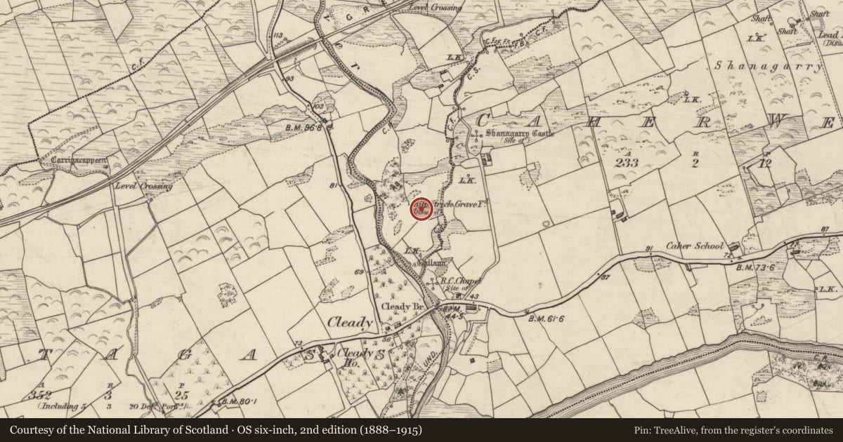 Ordnance Survey six-inch map, 2nd edition (1888–1915) covering the location of Burial ground, Kilpatrick, County Kerry, with a pin at the register's coordinates