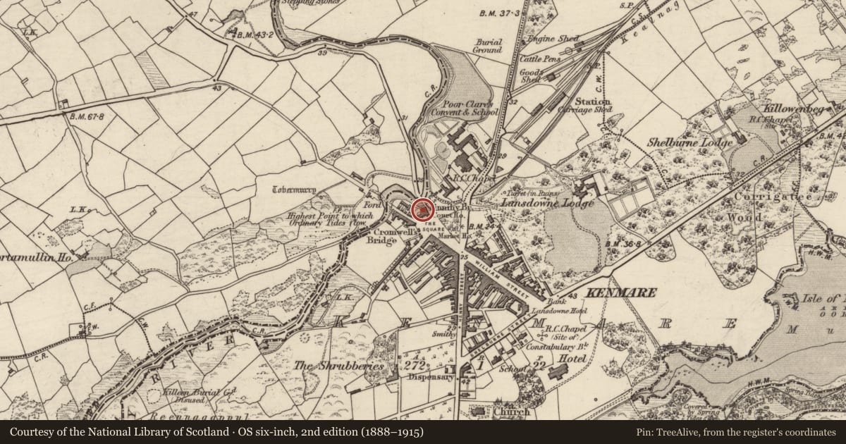Ordnance Survey six-inch map, 2nd edition (1888–1915) covering the location of Courthouse, Kenmare, County Kerry, with a pin at the register's coordinates