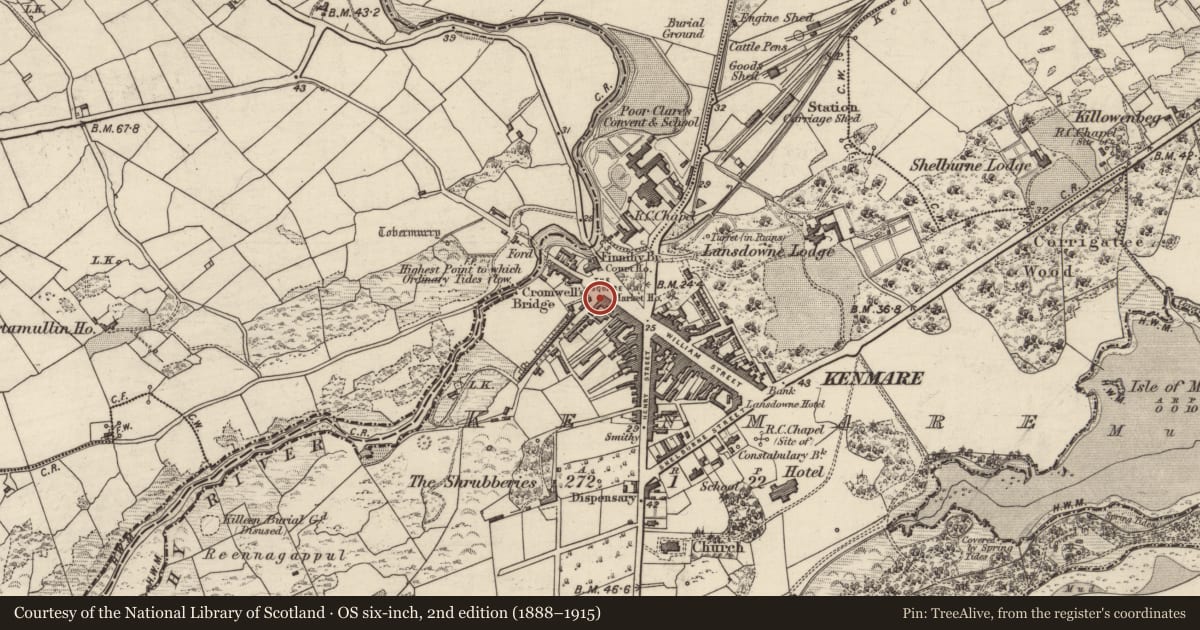 Ordnance Survey six-inch map, 2nd edition (1888–1915) covering the location of Market-house, Kenmare, County Kerry, with a pin at the register's coordinates