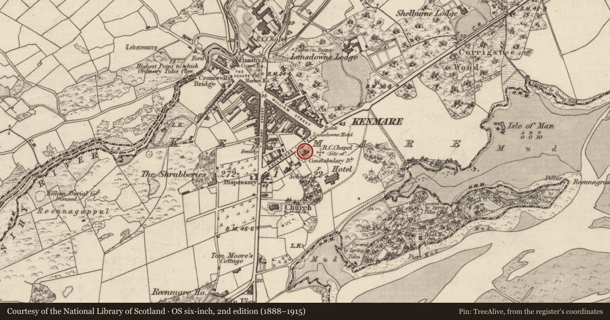 Ordnance Survey six-inch map, 2nd edition (1888–1915) covering the location of Barracks, Kenmare, County Kerry, with a pin at the register's coordinates