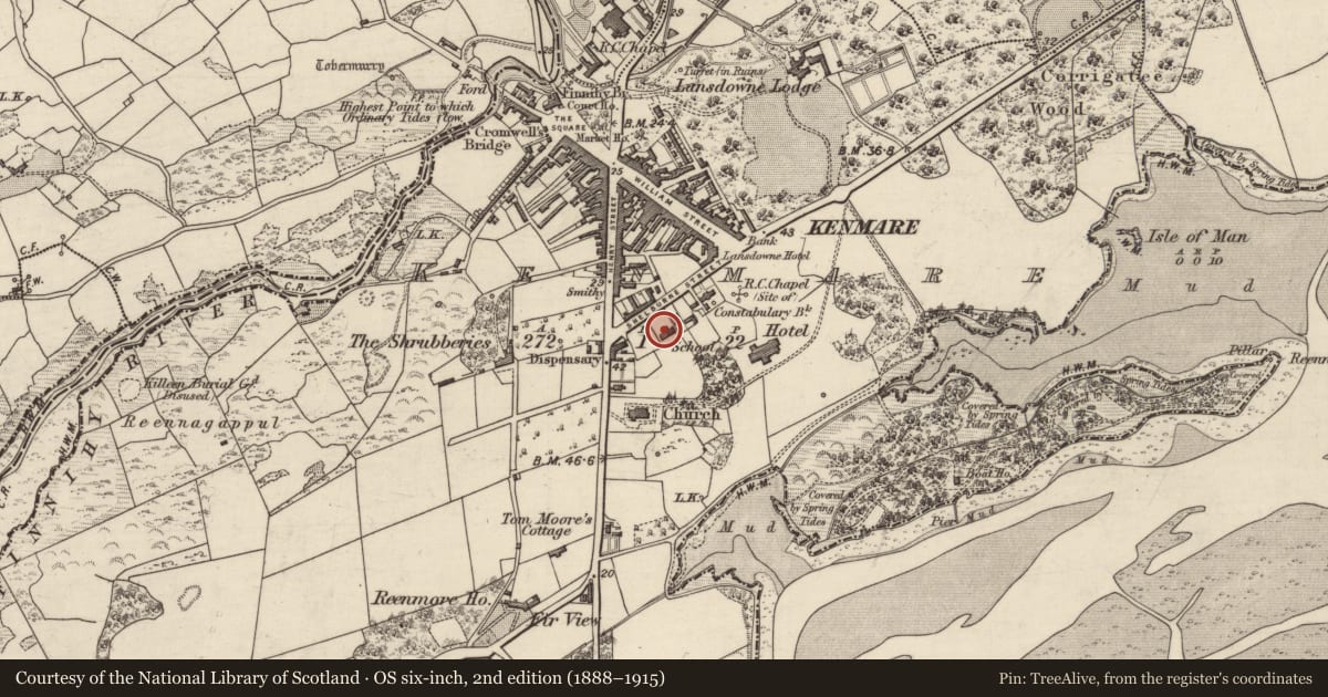 Ordnance Survey six-inch map, 2nd edition (1888–1915) covering the location of School, Kenmare, County Kerry, with a pin at the register's coordinates