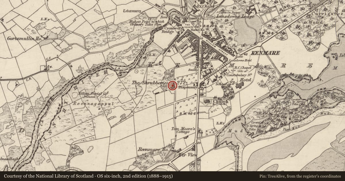 Ordnance Survey six-inch map, 2nd edition (1888–1915) covering the location of House - 18th/19th century, Kenmare, County Kerry, with a pin at the register's coordinates