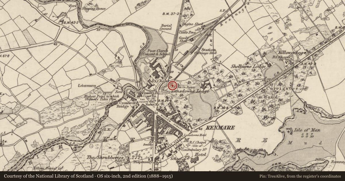 Ordnance Survey six-inch map, 2nd edition (1888–1915) covering the location of Designed landscape - folly, Kenmare, County Kerry, with a pin at the register's coordinates