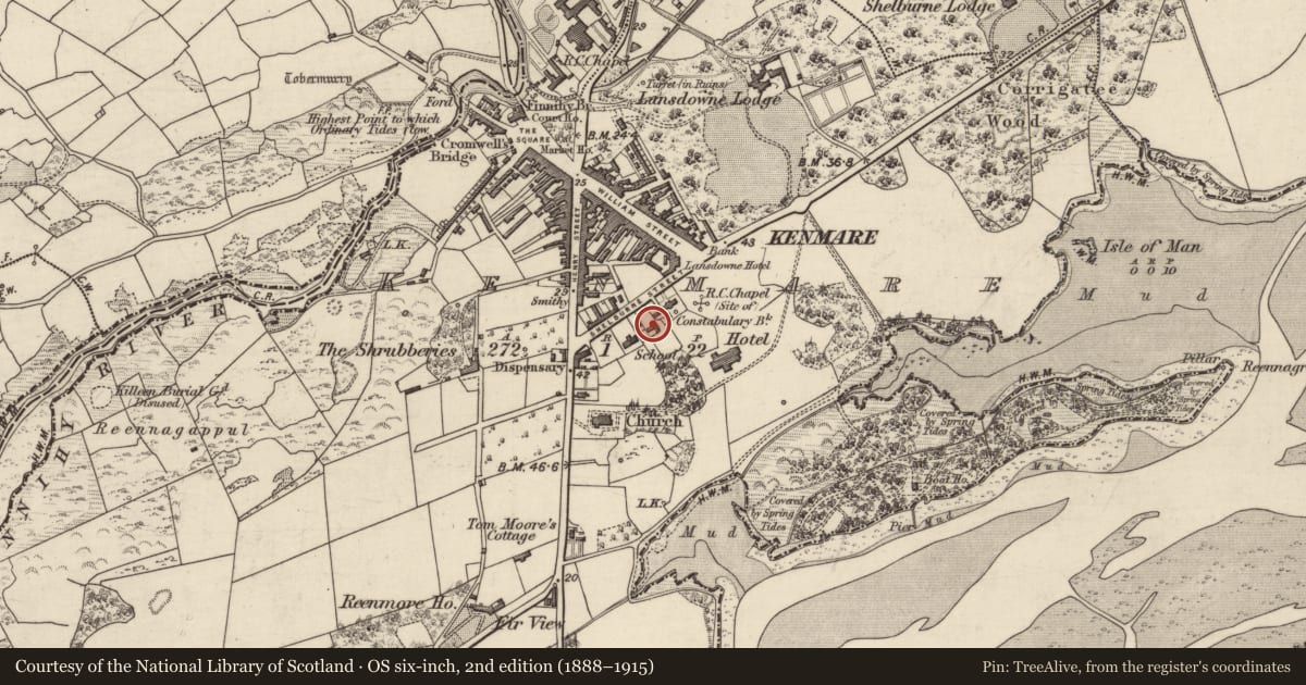 Ordnance Survey six-inch map, 2nd edition (1888–1915) covering the location of School, Kenmare, County Kerry, with a pin at the register's coordinates
