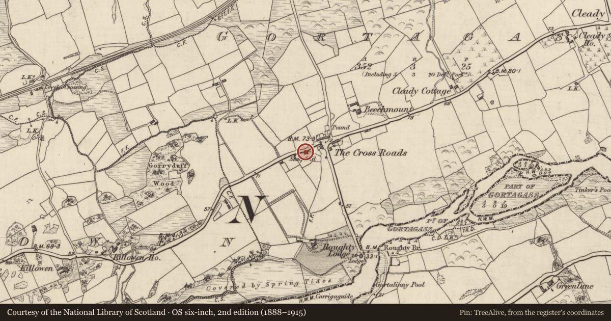 Ordnance Survey six-inch map, 2nd edition (1888–1915) covering the location of Enclosure, Gortagass, County Kerry, with a pin at the register's coordinates