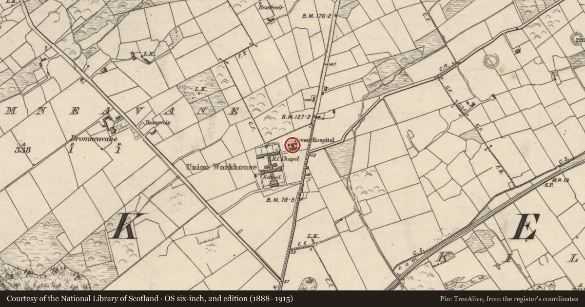 Ordnance Survey six-inch map, 2nd edition (1888–1915) covering the location of Fever hospital, Dromneavane, County Kerry, with a pin at the register's coordinates