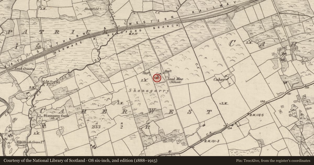 Ordnance Survey six-inch map, 2nd edition (1888–1915) covering the location of Mine - lead, Caher West, County Kerry, with a pin at the register's coordinates