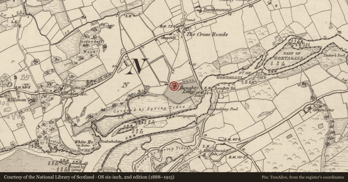 Ordnance Survey six-inch map, 2nd edition (1888–1915) covering the location of Country house, Gortagass, County Kerry, with a pin at the register's coordinates