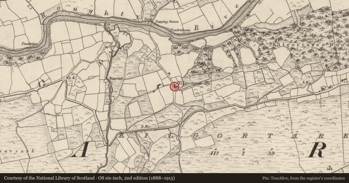 Ordnance Survey six-inch map, 2nd edition (1888–1915) covering the location of Country house, Kilgortaree, County Kerry, with a pin at the register's coordinates