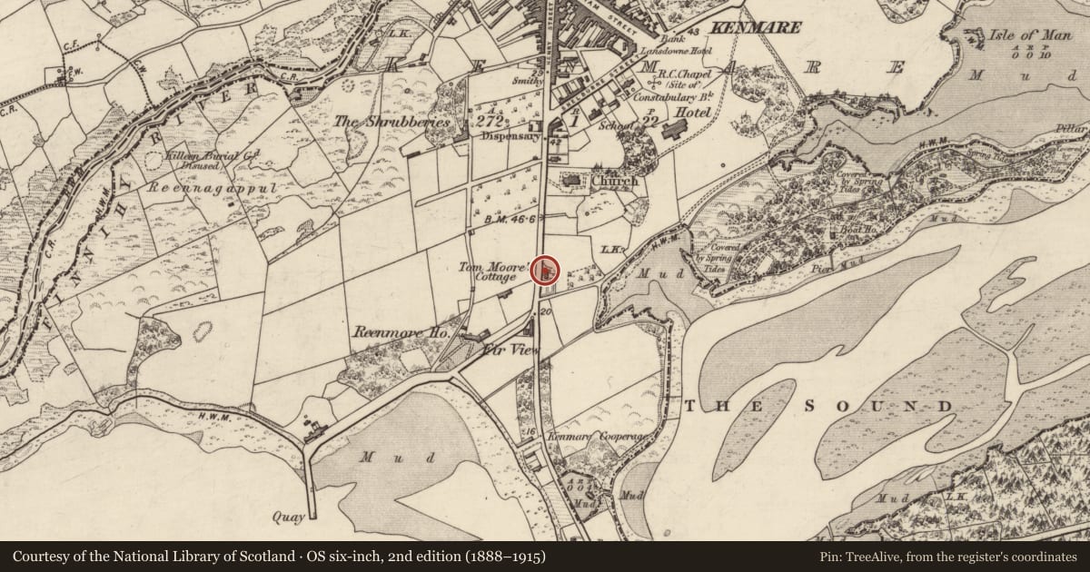 Ordnance Survey six-inch map, 2nd edition (1888–1915) covering the location of House - vernacular house, Kenmare, County Kerry, with a pin at the register's coordinates