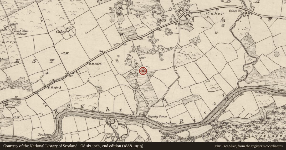 Ordnance Survey six-inch map, 2nd edition (1888–1915) covering the location of Ritual site - holy well, Caher East, County Kerry, with a pin at the register's coordinates