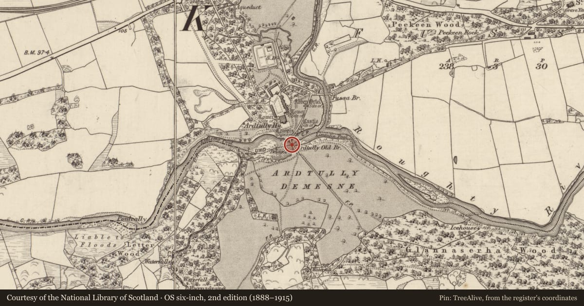 Ordnance Survey six-inch map, 2nd edition (1888–1915) covering the location of Bridge, Ardtully, County Kerry, with a pin at the register's coordinates