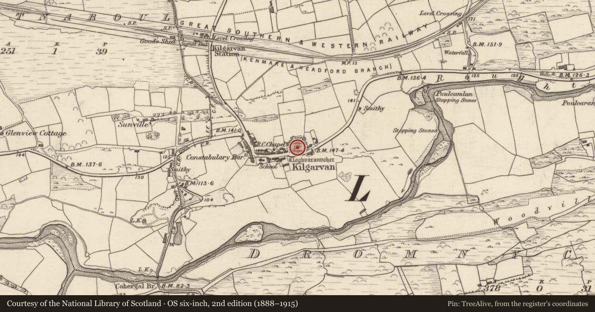 Ordnance Survey six-inch map, 2nd edition (1888–1915) covering the location of Church, Churchground, County Kerry, with a pin at the register's coordinates