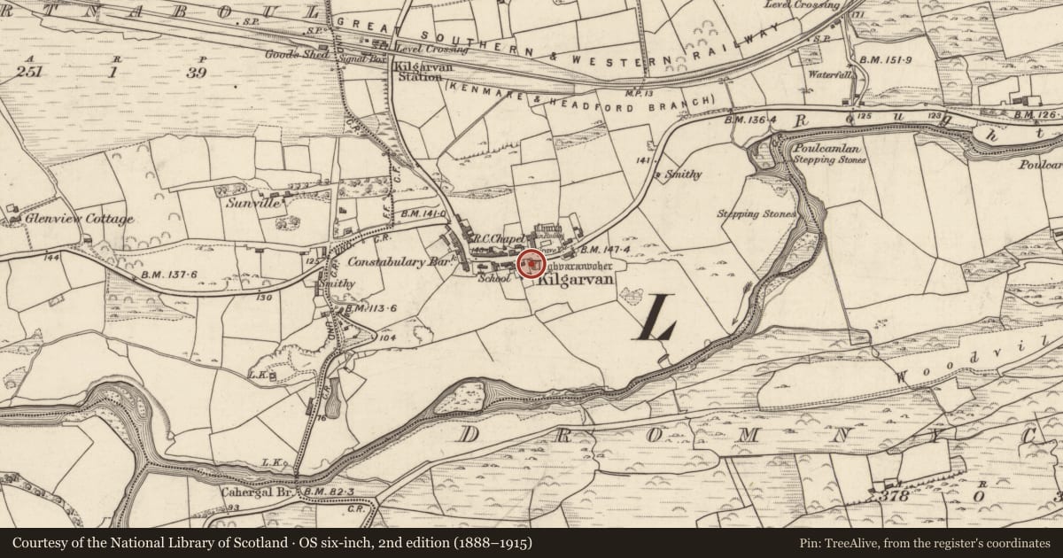 Ordnance Survey six-inch map, 2nd edition (1888–1915) covering the location of Bullaun stone (present location), Churchground, County Kerry, with a pin at the register's coordinates