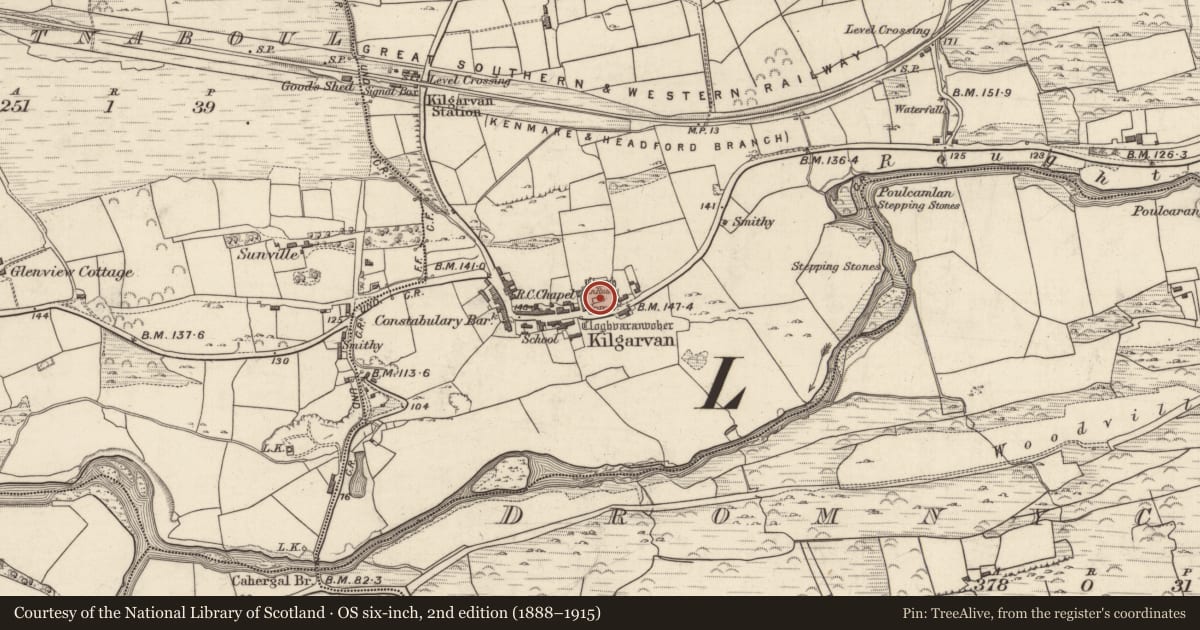Ordnance Survey six-inch map, 2nd edition (1888–1915) covering the location of Graveyard, Churchground, County Kerry, with a pin at the register's coordinates
