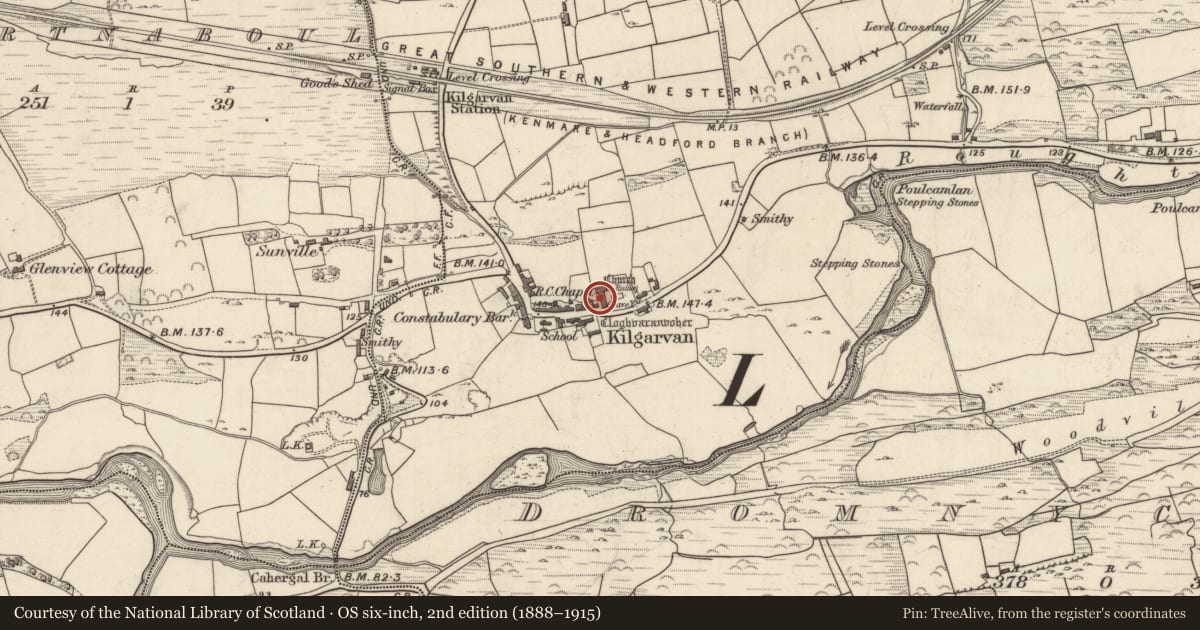 Ordnance Survey six-inch map, 2nd edition (1888–1915) covering the location of Church, Churchground, County Kerry, with a pin at the register's coordinates
