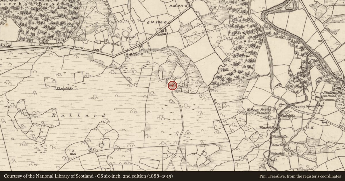 Ordnance Survey six-inch map, 2nd edition (1888–1915) covering the location of Souterrain, Lounaghan, County Kerry, with a pin at the register's coordinates