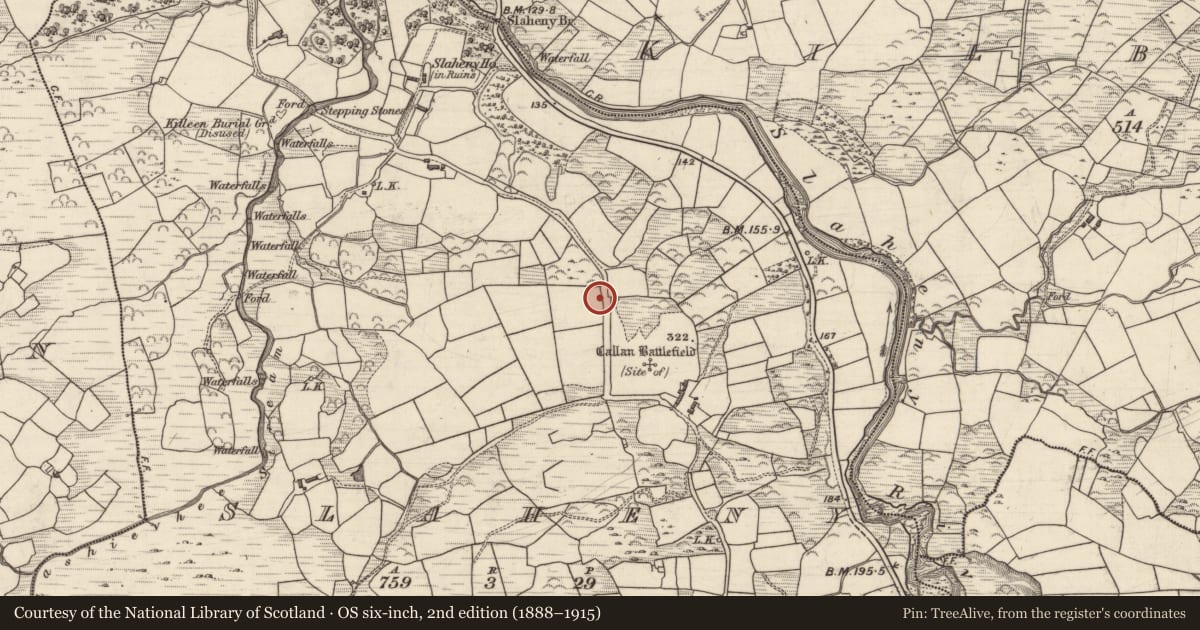 Ordnance Survey six-inch map, 2nd edition (1888–1915) covering the location of Burial, Slaheny, County Kerry, with a pin at the register's coordinates