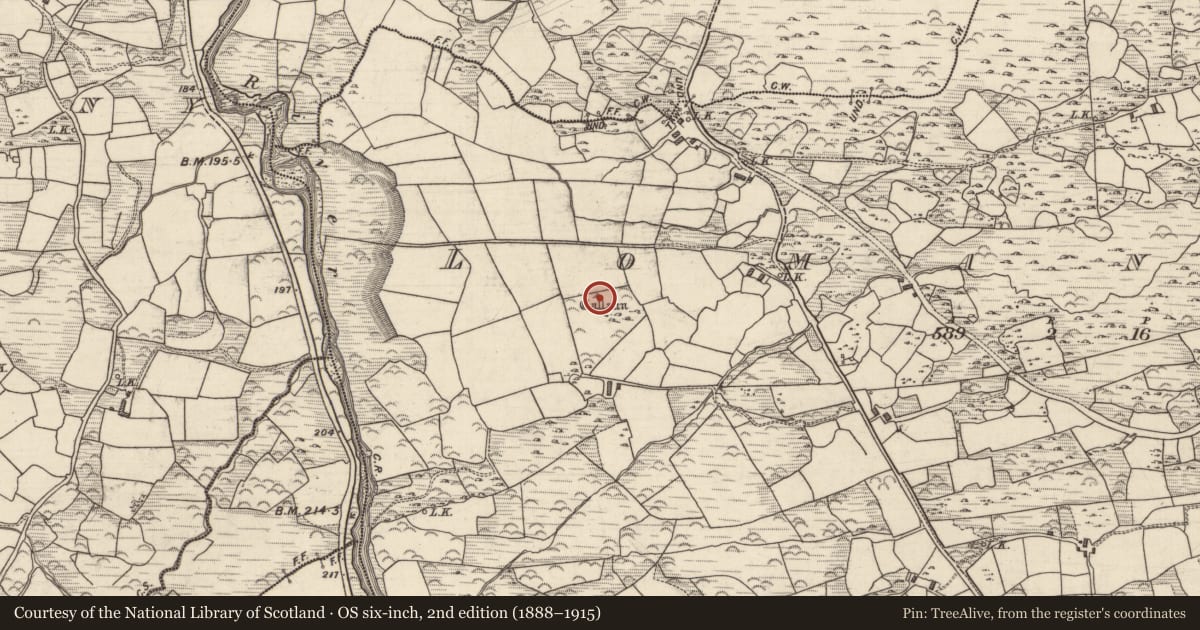 Ordnance Survey six-inch map, 2nd edition (1888–1915) covering the location of Burial, Lomanagh, County Kerry, with a pin at the register's coordinates