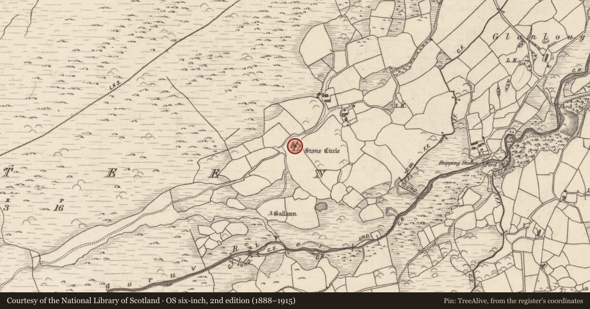 Ordnance Survey six-inch map, 2nd edition (1888–1915) covering the location of Stone circle - multiple-stone, Gurteen, County Kerry, with a pin at the register's coordinates