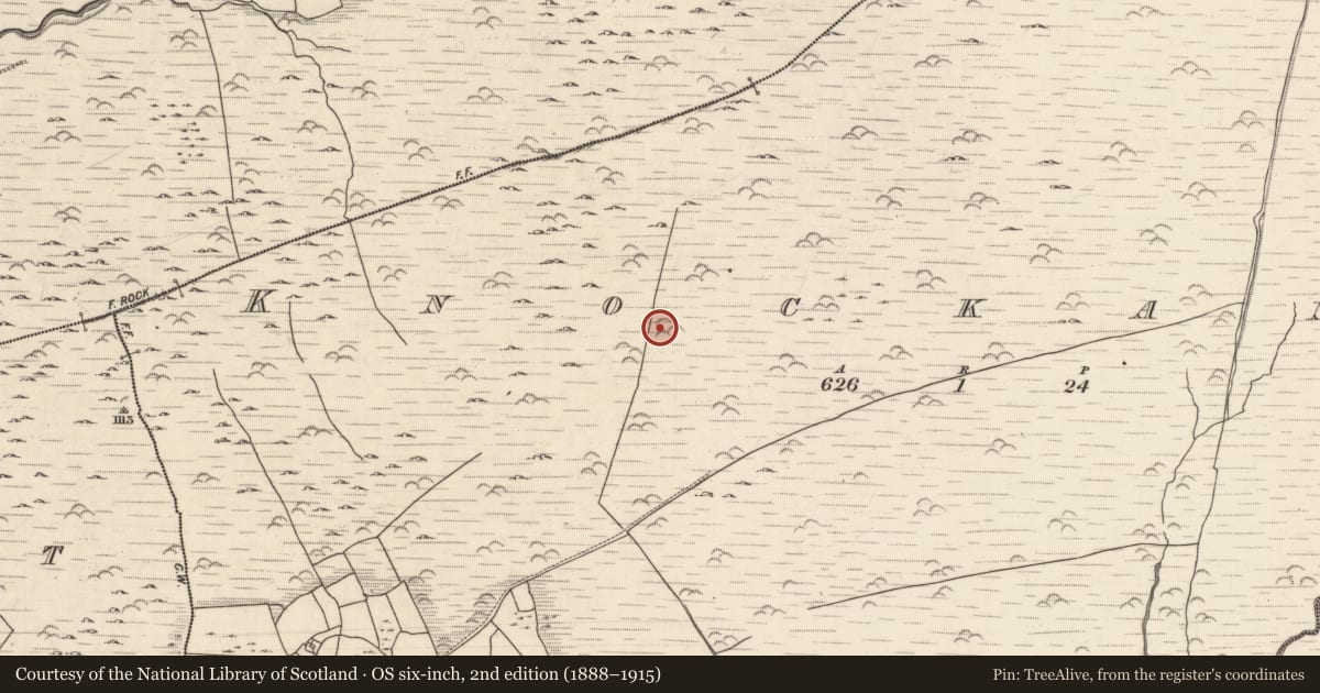 Ordnance Survey six-inch map, 2nd edition (1888–1915) covering the location of Field boundary, Knockanuha, County Kerry, with a pin at the register's coordinates