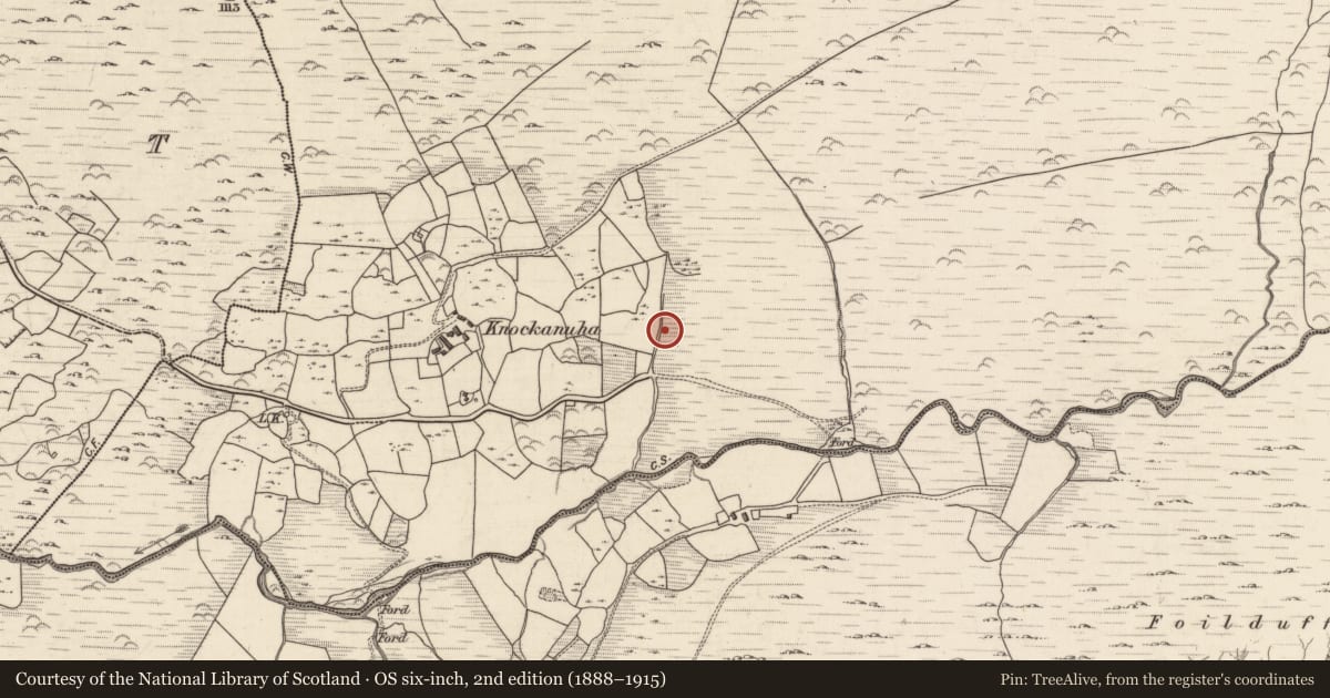 Ordnance Survey six-inch map, 2nd edition (1888–1915) covering the location of Fulacht fia, Knockanuha, County Kerry, with a pin at the register's coordinates