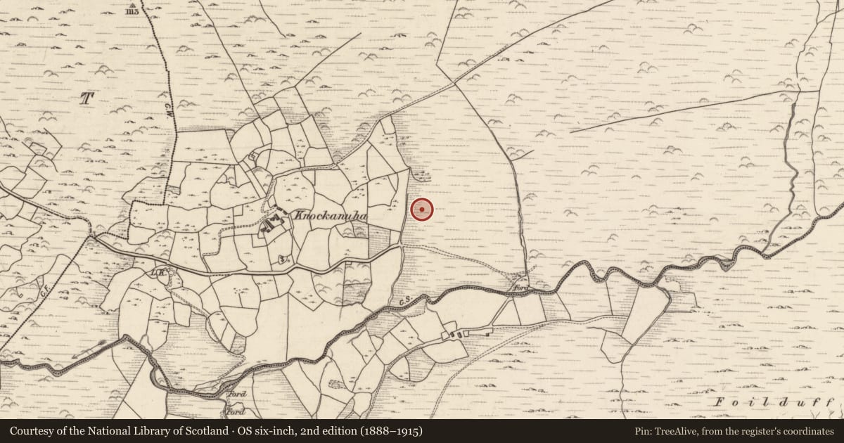 Ordnance Survey six-inch map, 2nd edition (1888–1915) covering the location of Fulacht fia, Knockanuha, County Kerry, with a pin at the register's coordinates