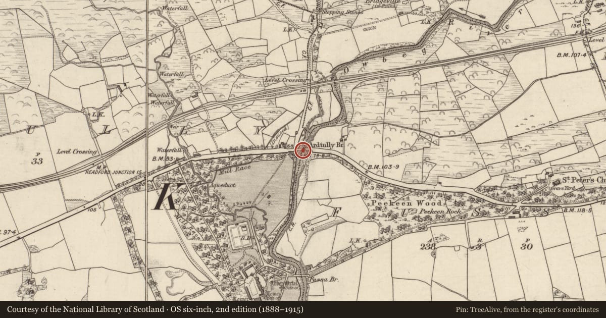 Ordnance Survey six-inch map, 2nd edition (1888–1915) covering the location of Bridge, Fussa, Ardtully, County Kerry, with a pin at the register's coordinates