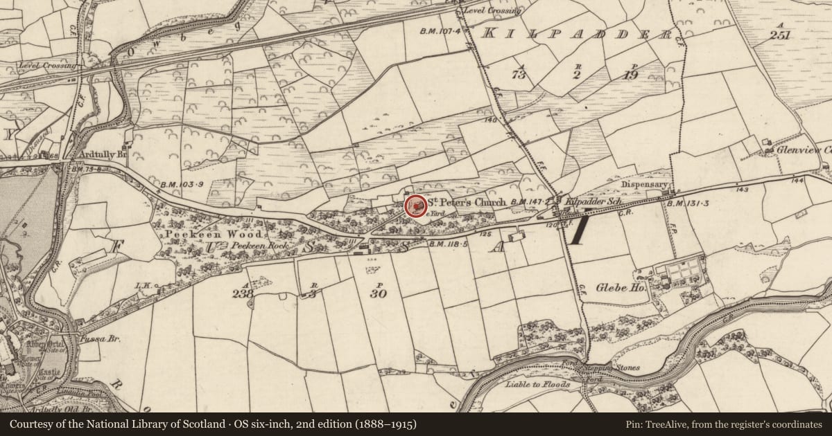 Ordnance Survey six-inch map, 2nd edition (1888–1915) covering the location of Church, Fussa, County Kerry, with a pin at the register's coordinates