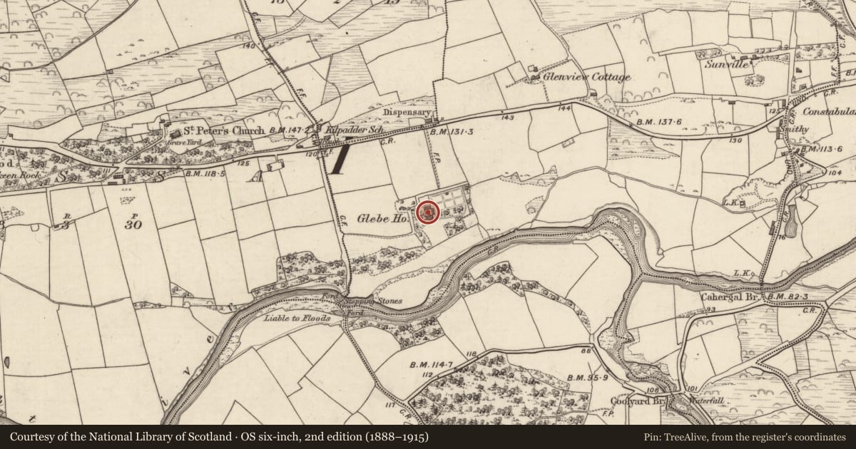 Ordnance Survey six-inch map, 2nd edition (1888–1915) covering the location of Ecclesiastical residence, Gortnaboul, County Kerry, with a pin at the register's coordinates